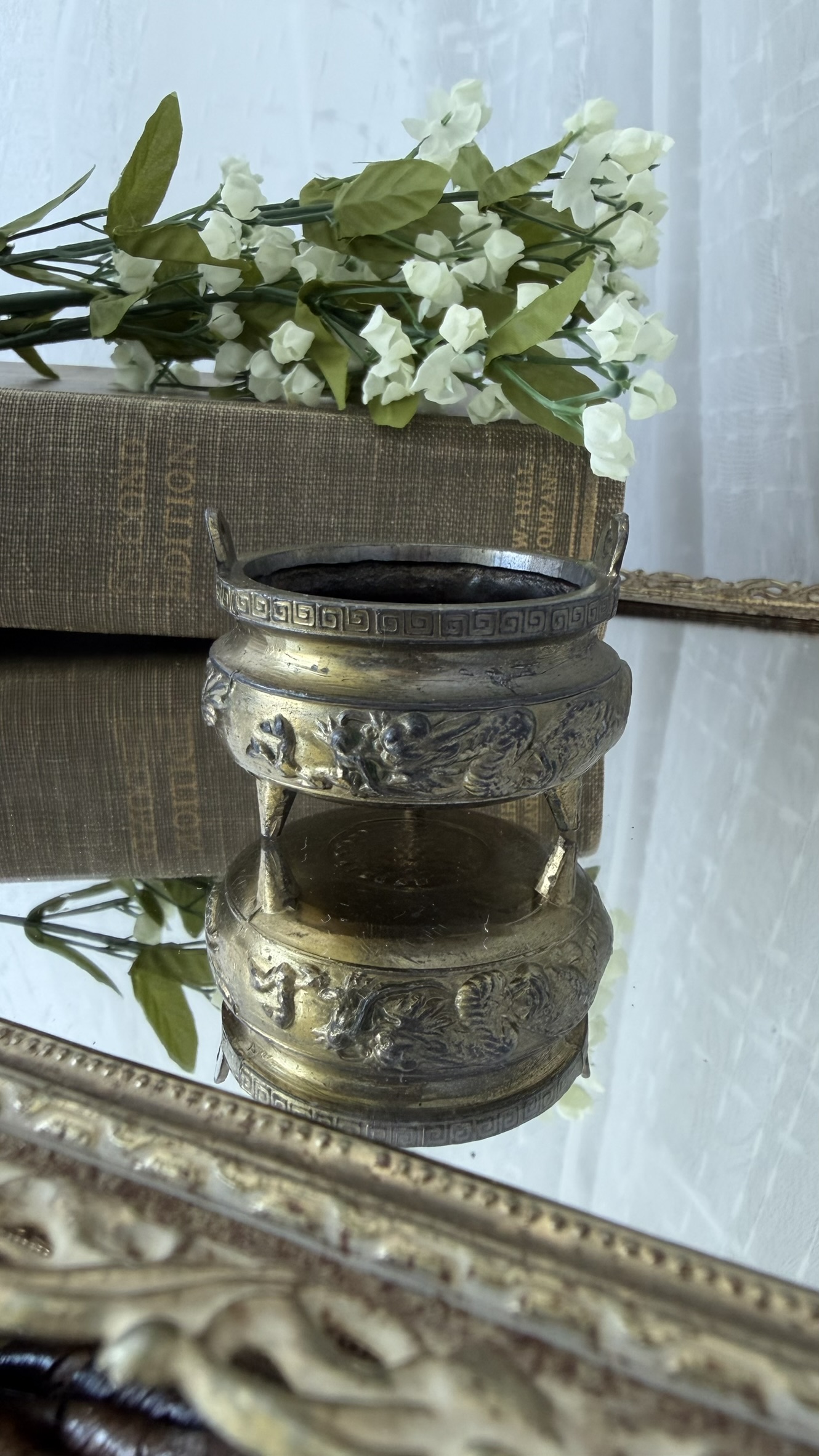 Vintage Brass Plated Tripod Incense Burner with Dragon Relief