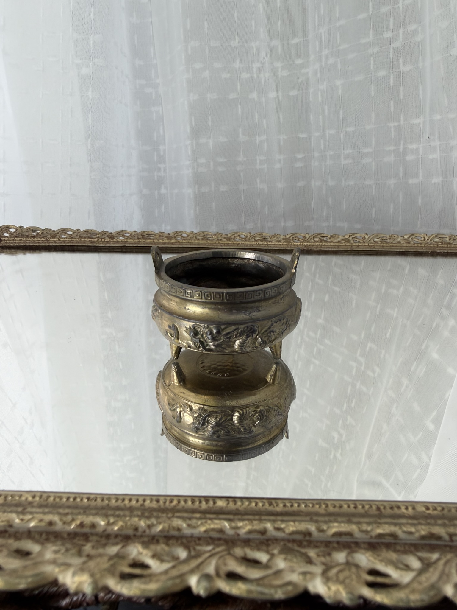 Vintage Brass Plated Tripod Incense Burner with Dragon Relief