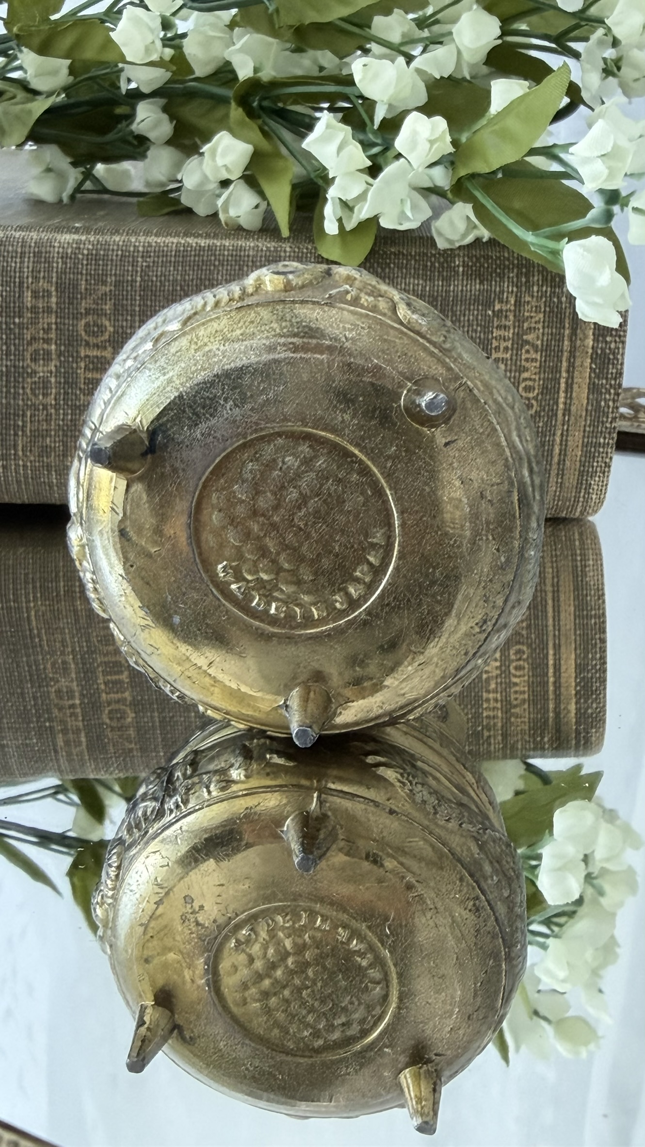 Vintage Brass Plated Tripod Incense Burner with Dragon Relief
