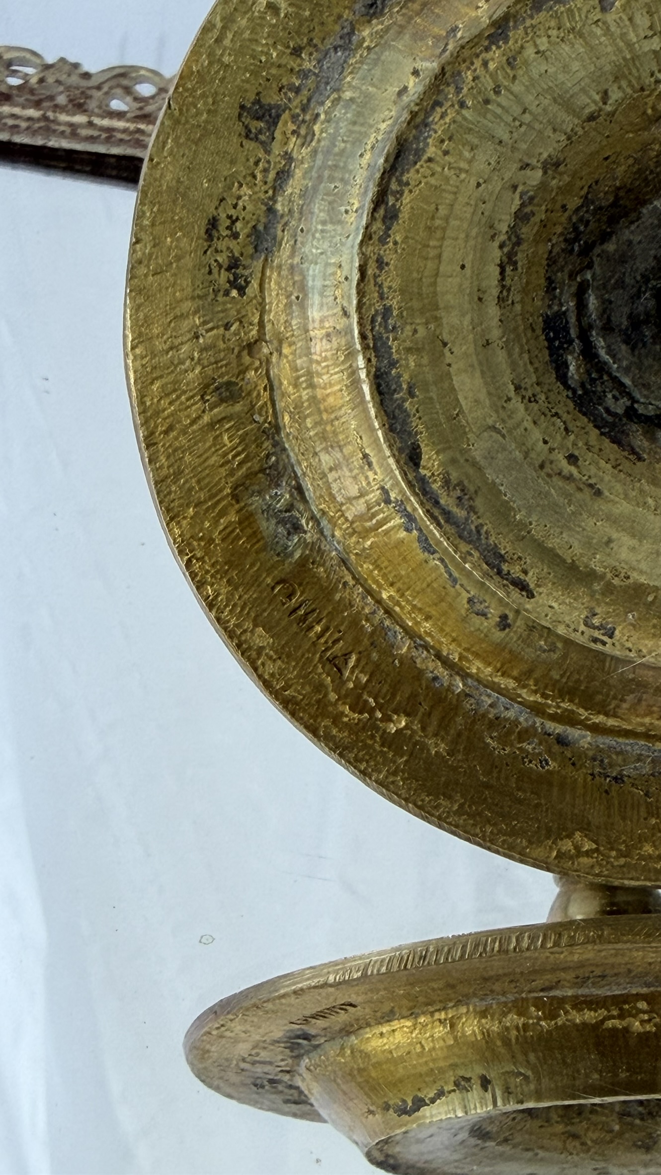 Vintage Brass Chamberstick Candle Holder with Engraved Floral Tray